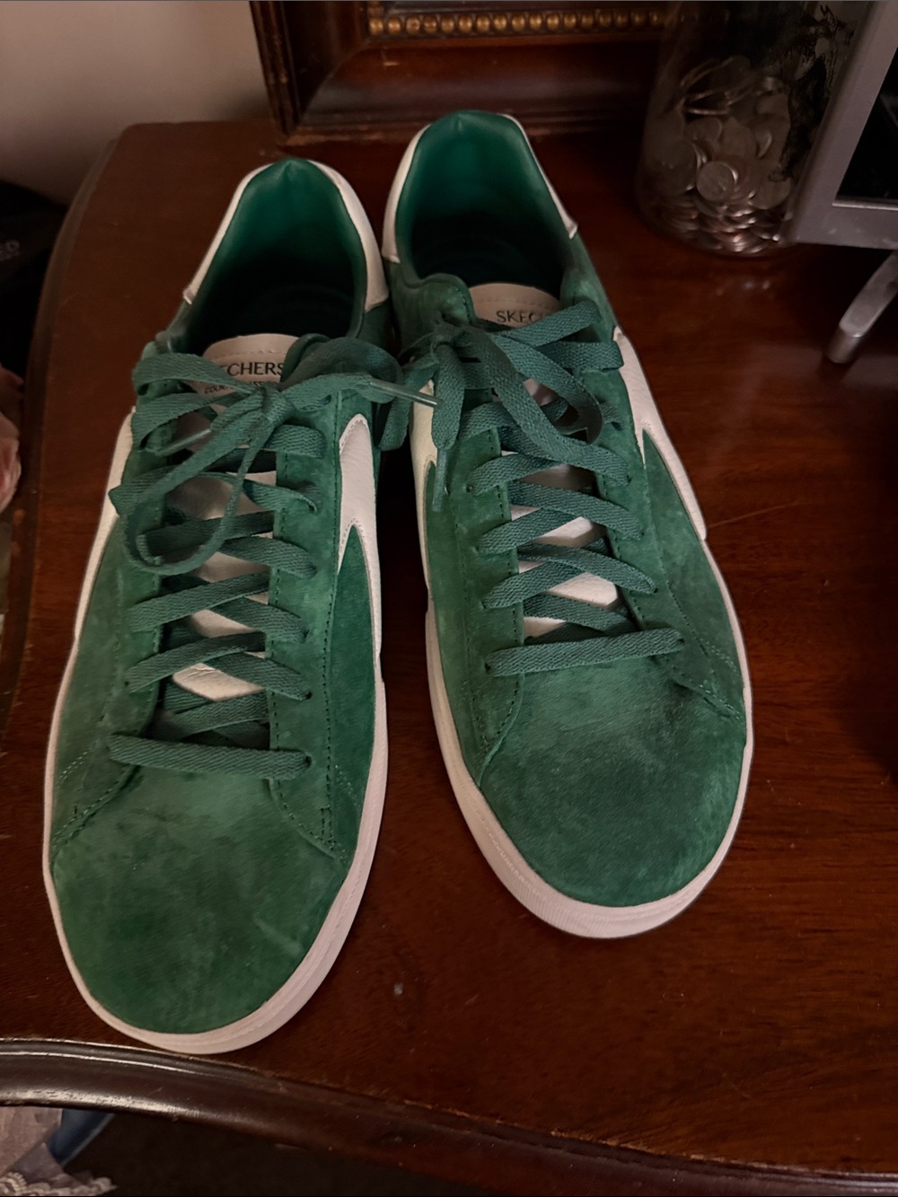 Skechers women’s  Green Suede Low-Top Sneakers with White Accents